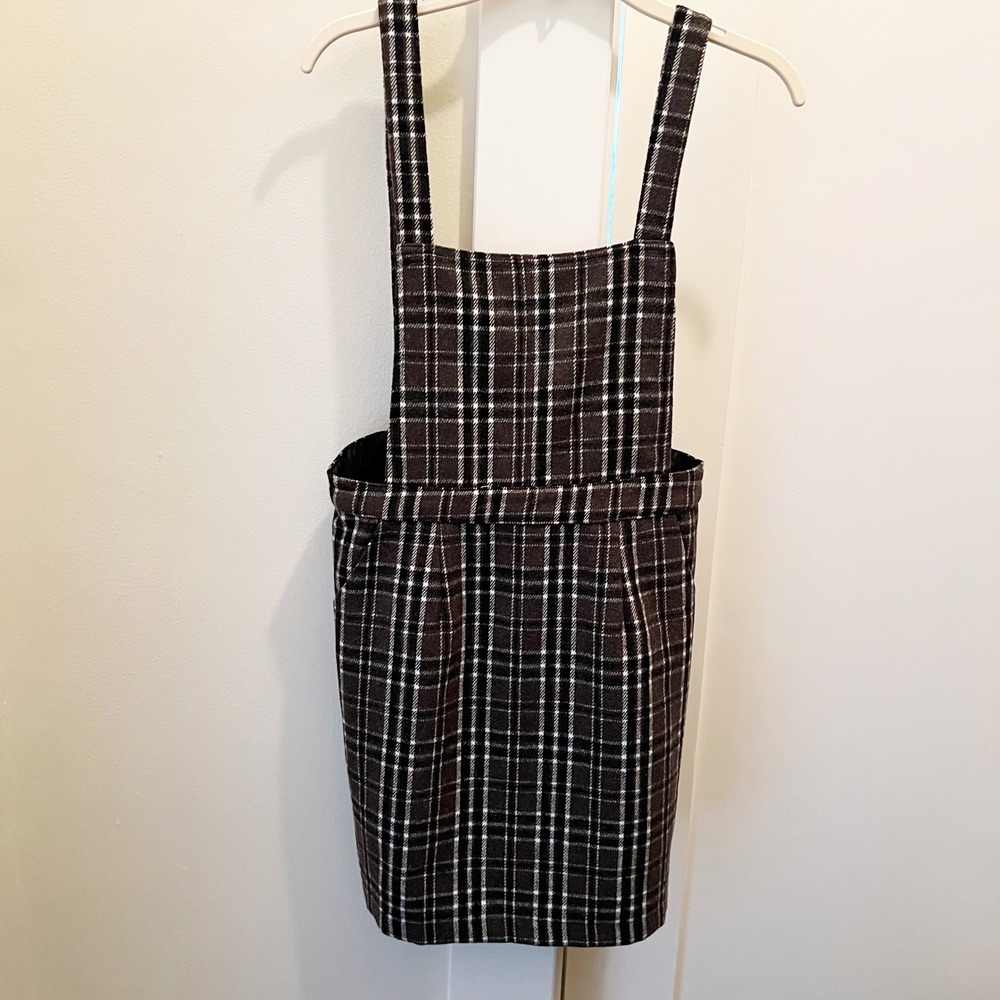 Lulus Plaid To Be Yours Brown Pinafore Mini Dress Medium Square Neck Fall‎ - Picture 2 of 6